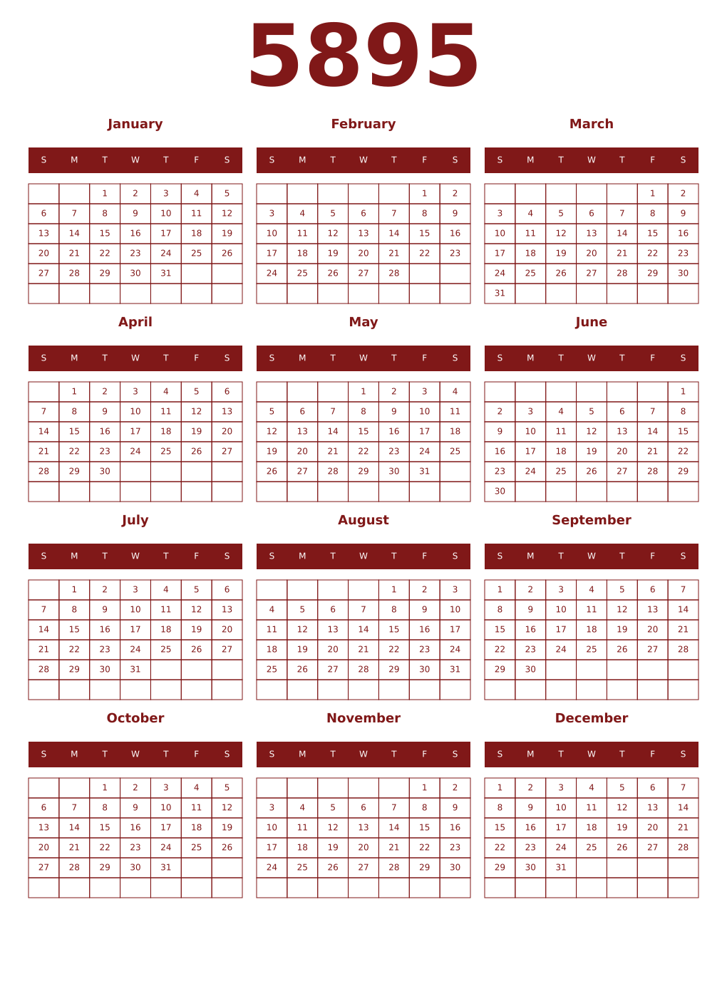 Printable 5895 Year Calendars falu