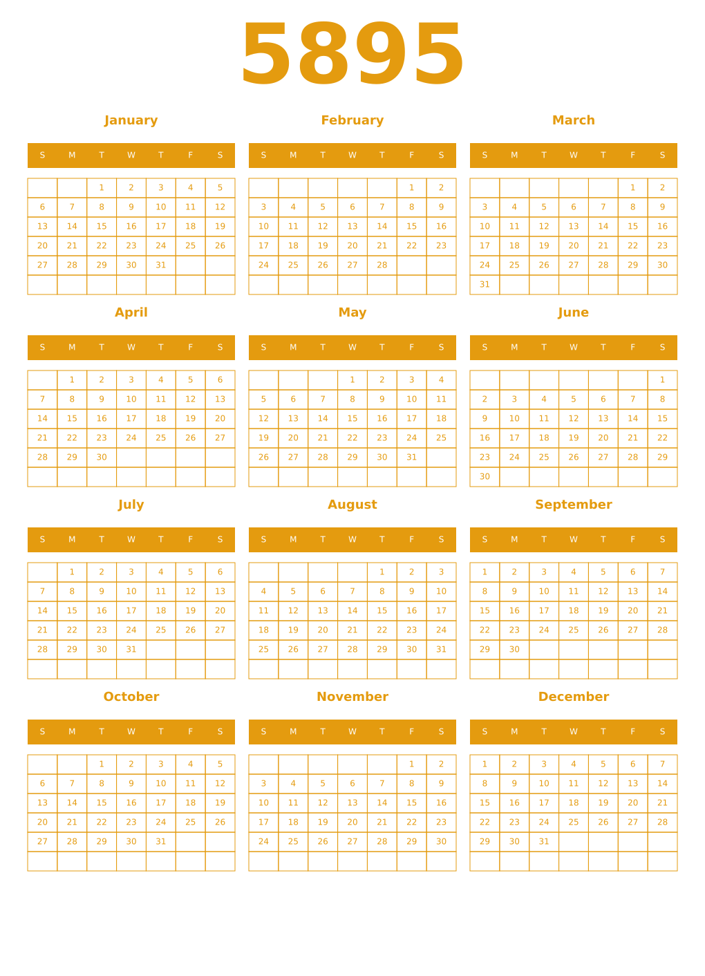 Printable 5895 Year Calendars gamboge