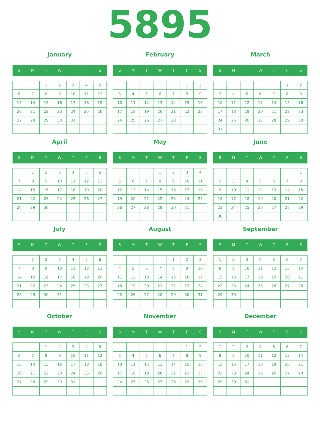 Printable 5895 Year Calendars green