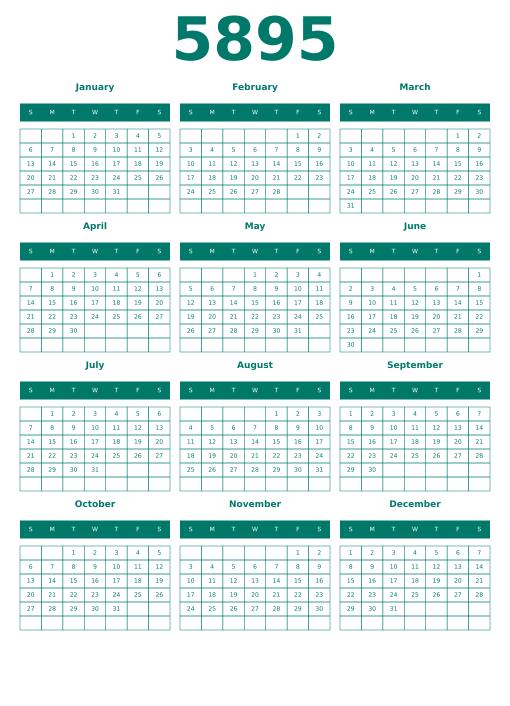Printable 5895 Year Calendars pastel