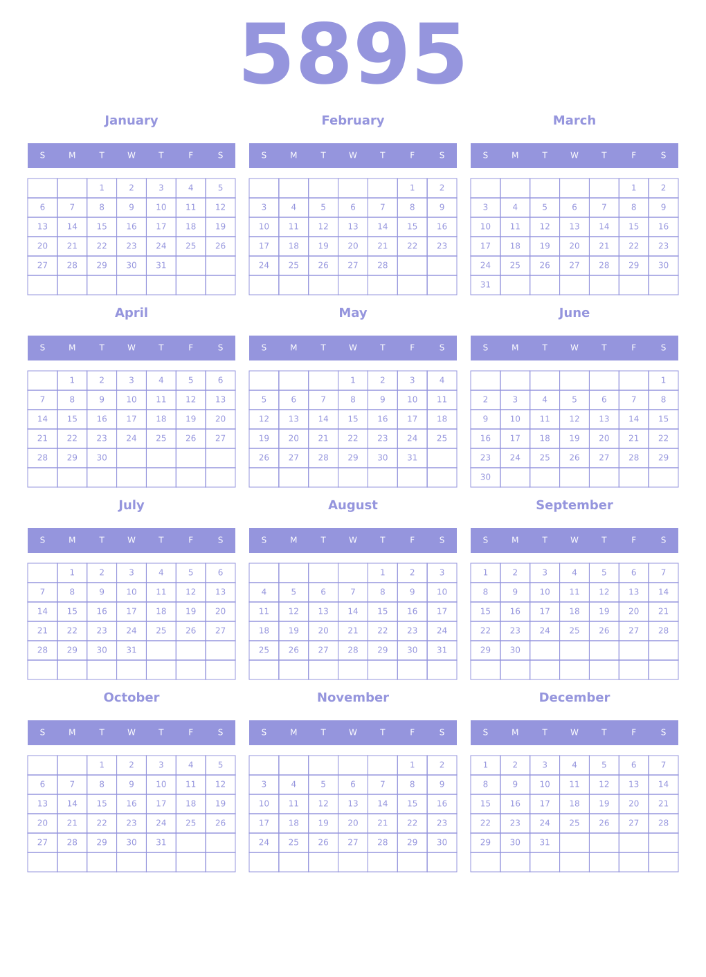 Printable 5895 Year Calendars periwinkle