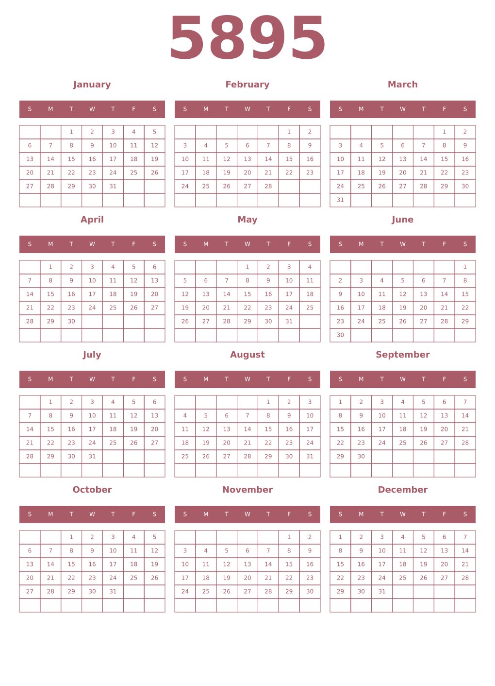 Printable 5895 Year Calendars puce