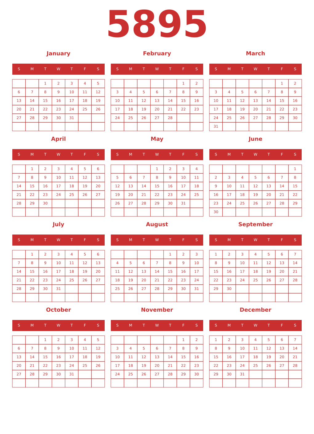 Printable 5895 Year Calendars red