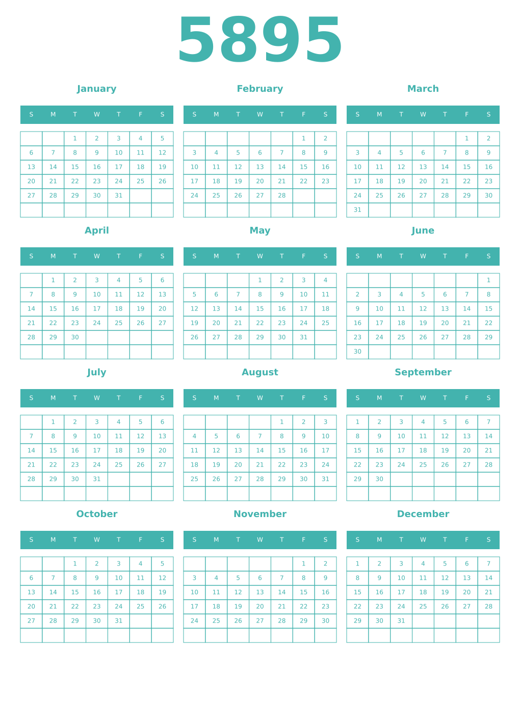 Printable 5895 Year Calendars verdigris