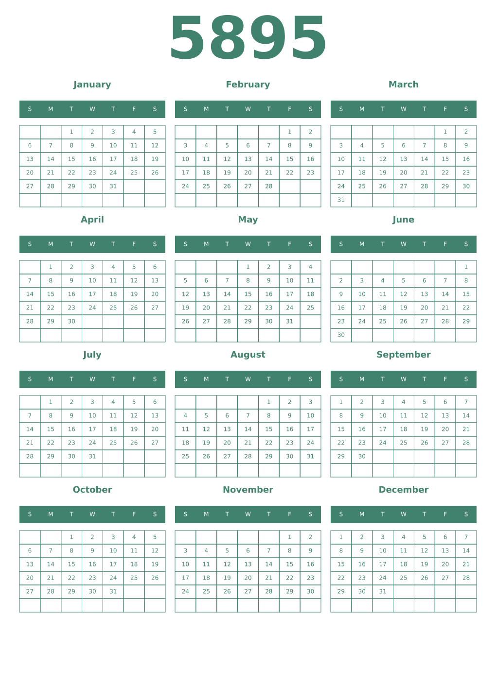 Printable 5895 Year Calendars viridian