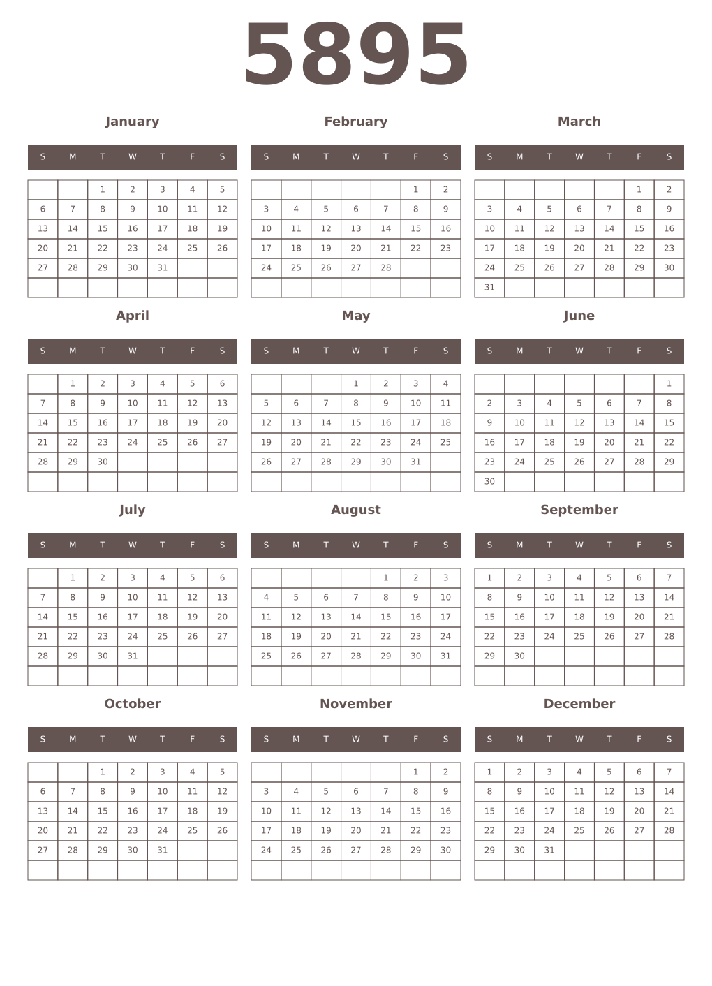 Printable 5895 Year Calendars wenge
