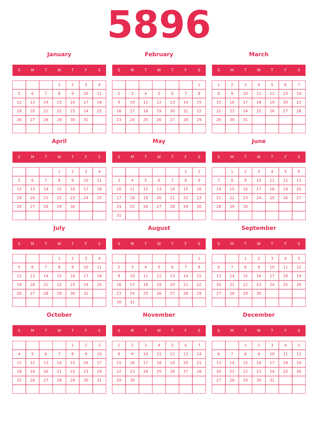 Printable 5896 Year Calendars amaranth