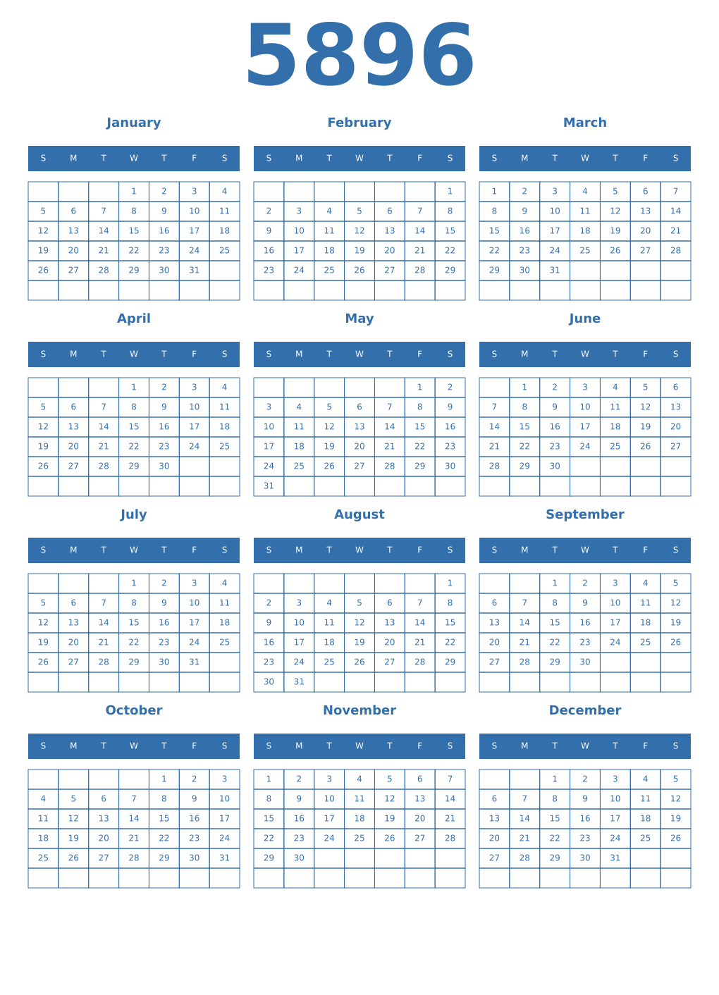 Printable 5896 Year Calendars blue
