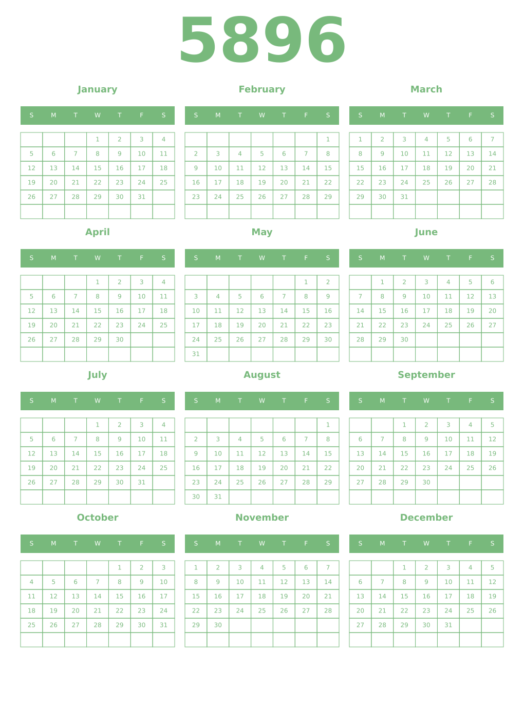 Printable 5896 Year Calendars celadon