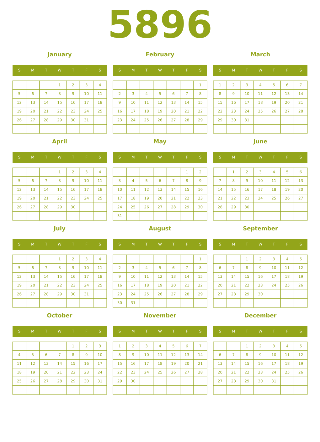 Printable 5896 Year Calendars chartreuse