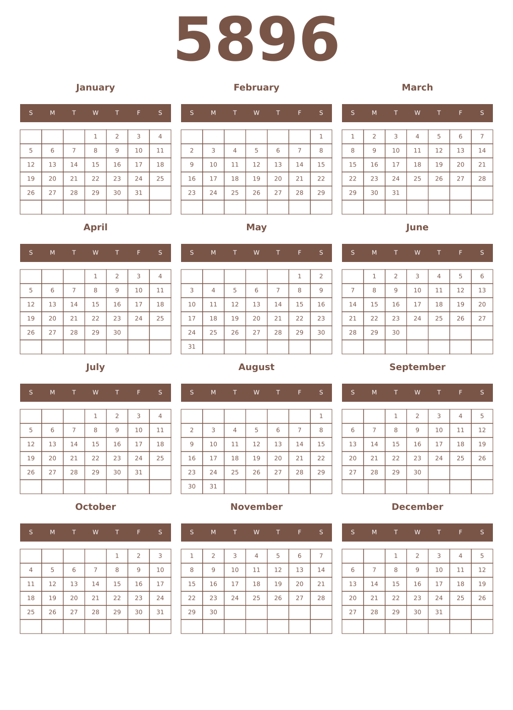 Printable 5896 Year Calendars coffe