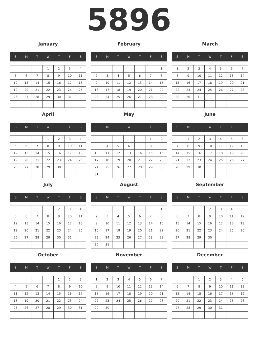 Printable 5896 Year Calendars dark