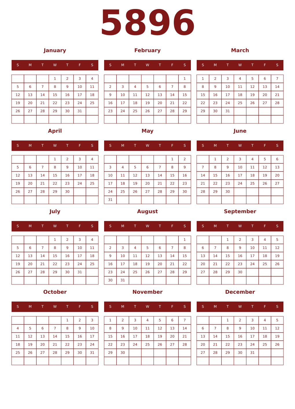 Printable 5896 Year Calendars falu