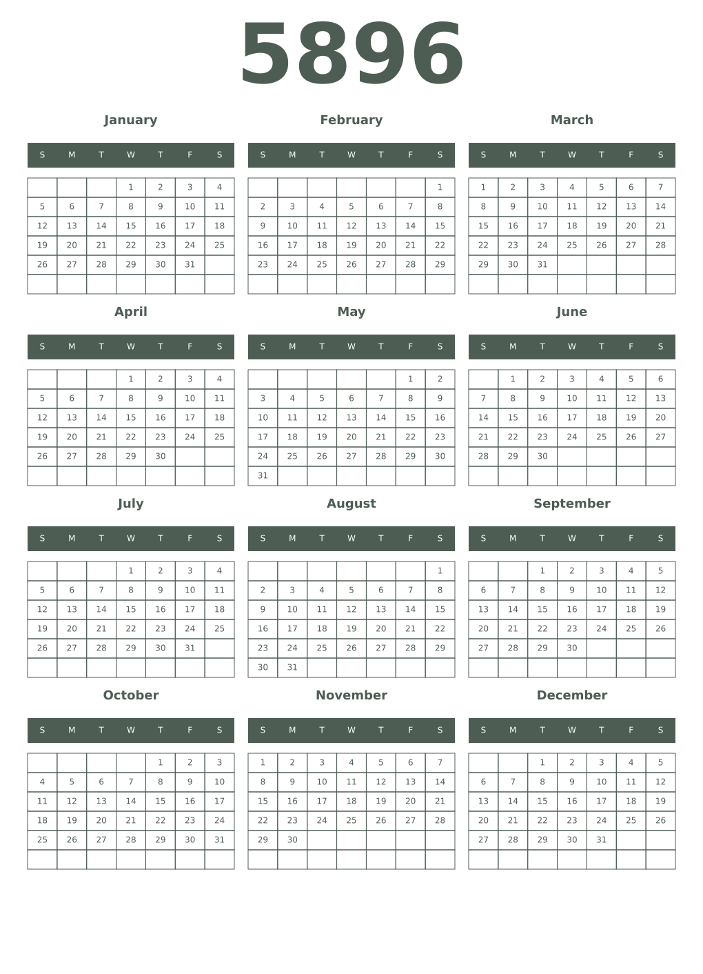 Printable 5896 Year Calendars feldgrau