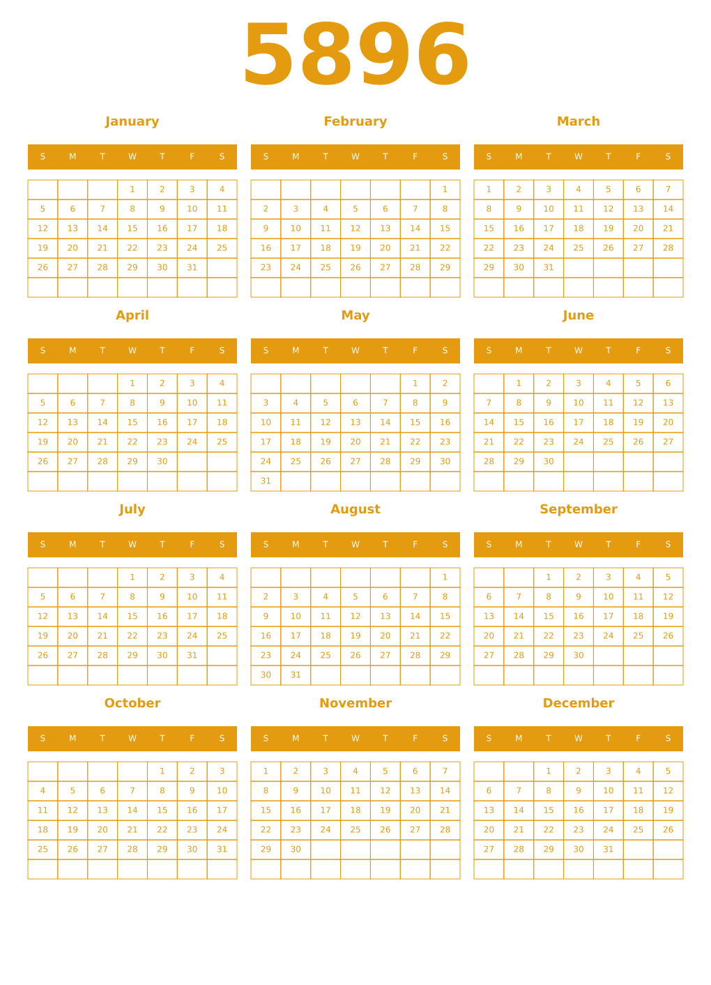 Printable 5896 Year Calendars gamboge