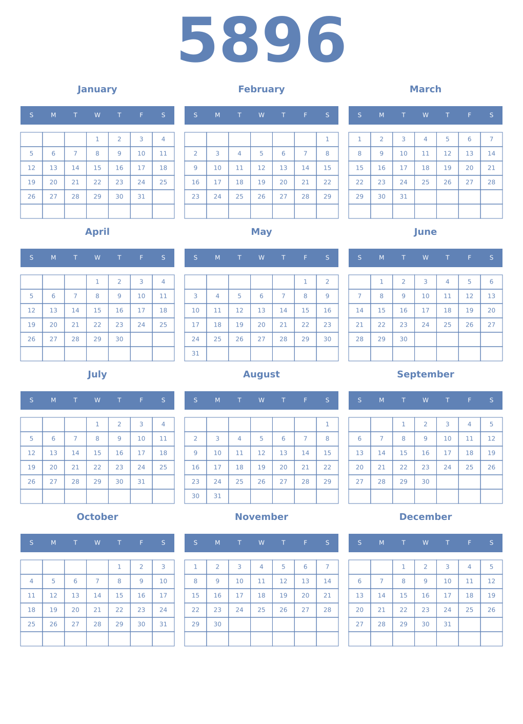 Printable 5896 Year Calendars glaucous