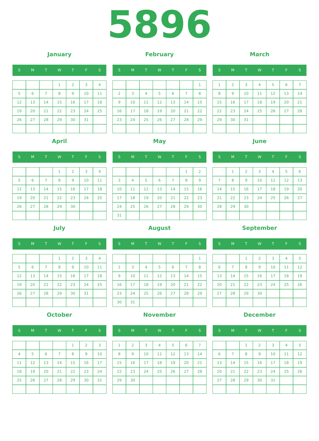 Printable 5896 Year Calendars green
