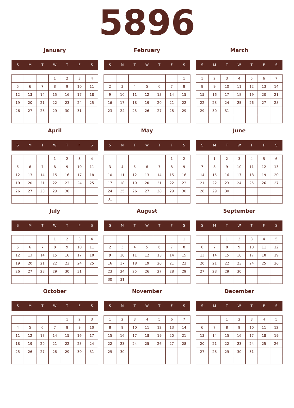 Printable 5896 Year Calendars mortuum