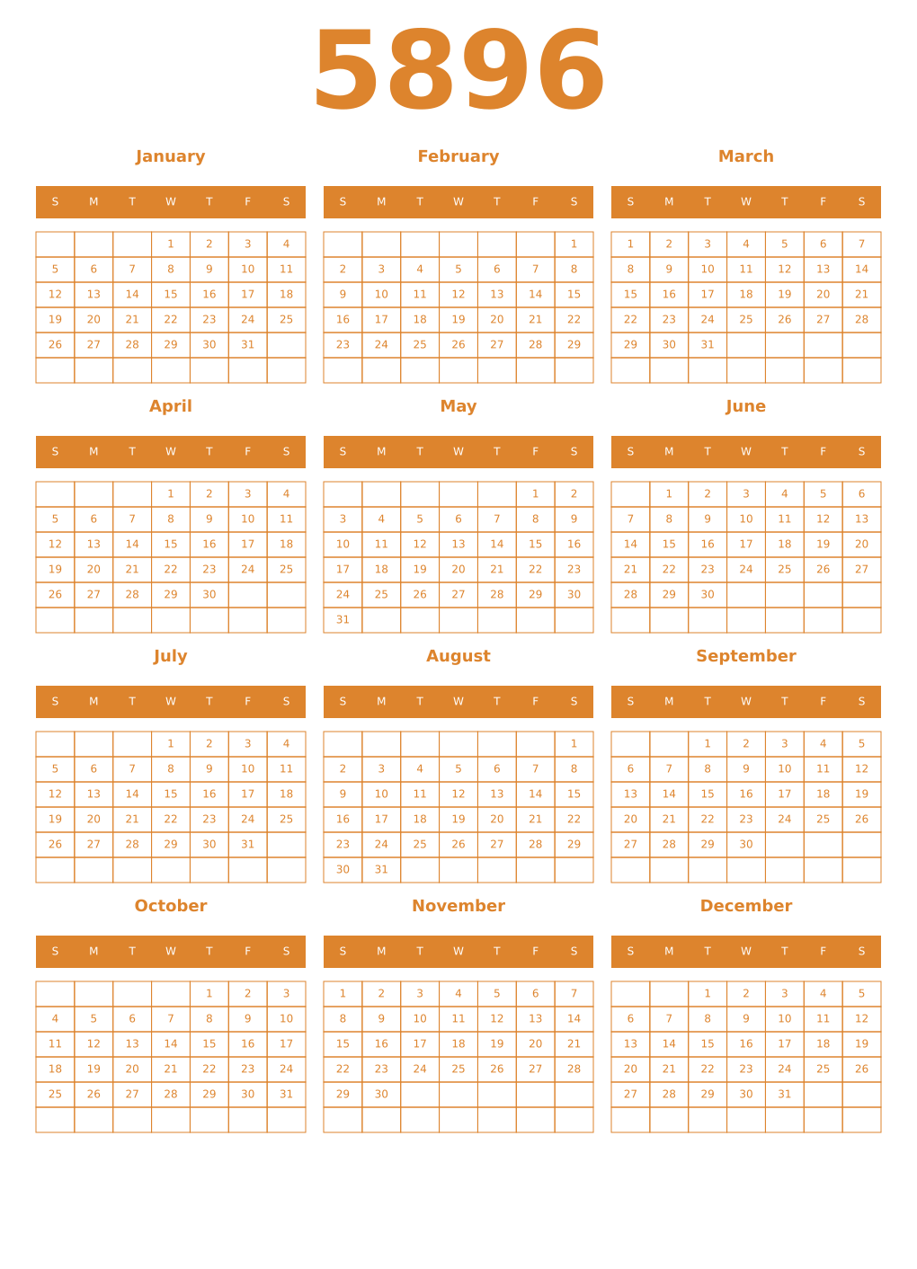 Printable 5896 Year Calendars orange