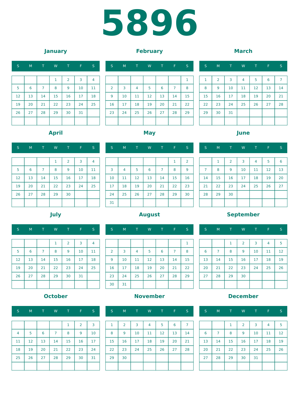 Printable 5896 Year Calendars pastel