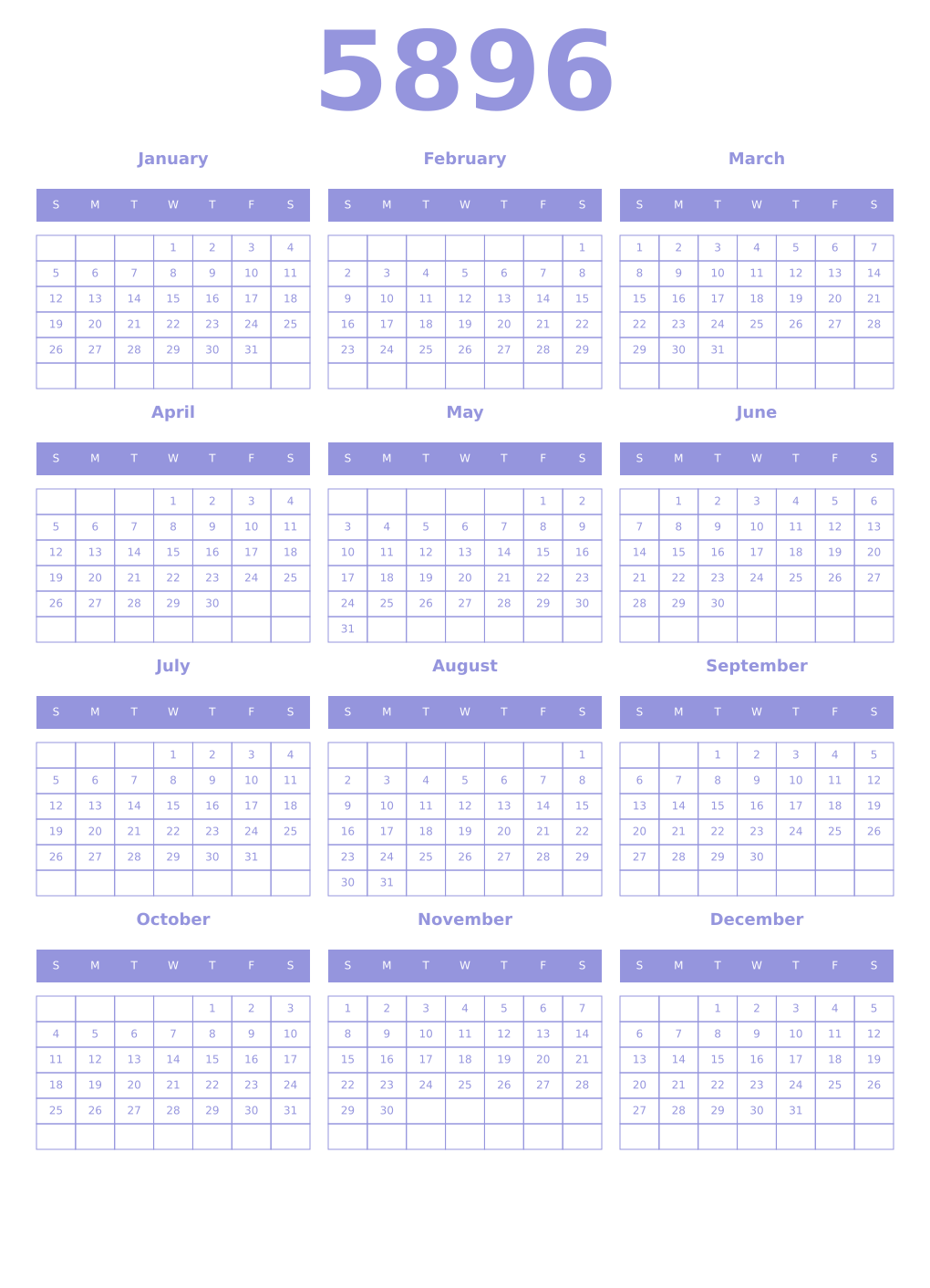 Printable 5896 Year Calendars periwinkle