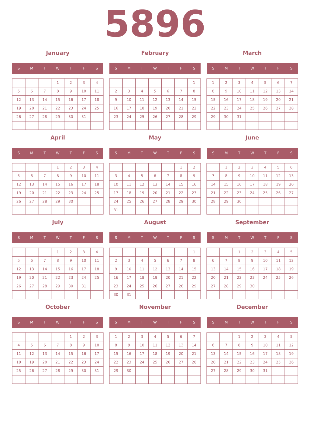 Printable 5896 Year Calendars puce