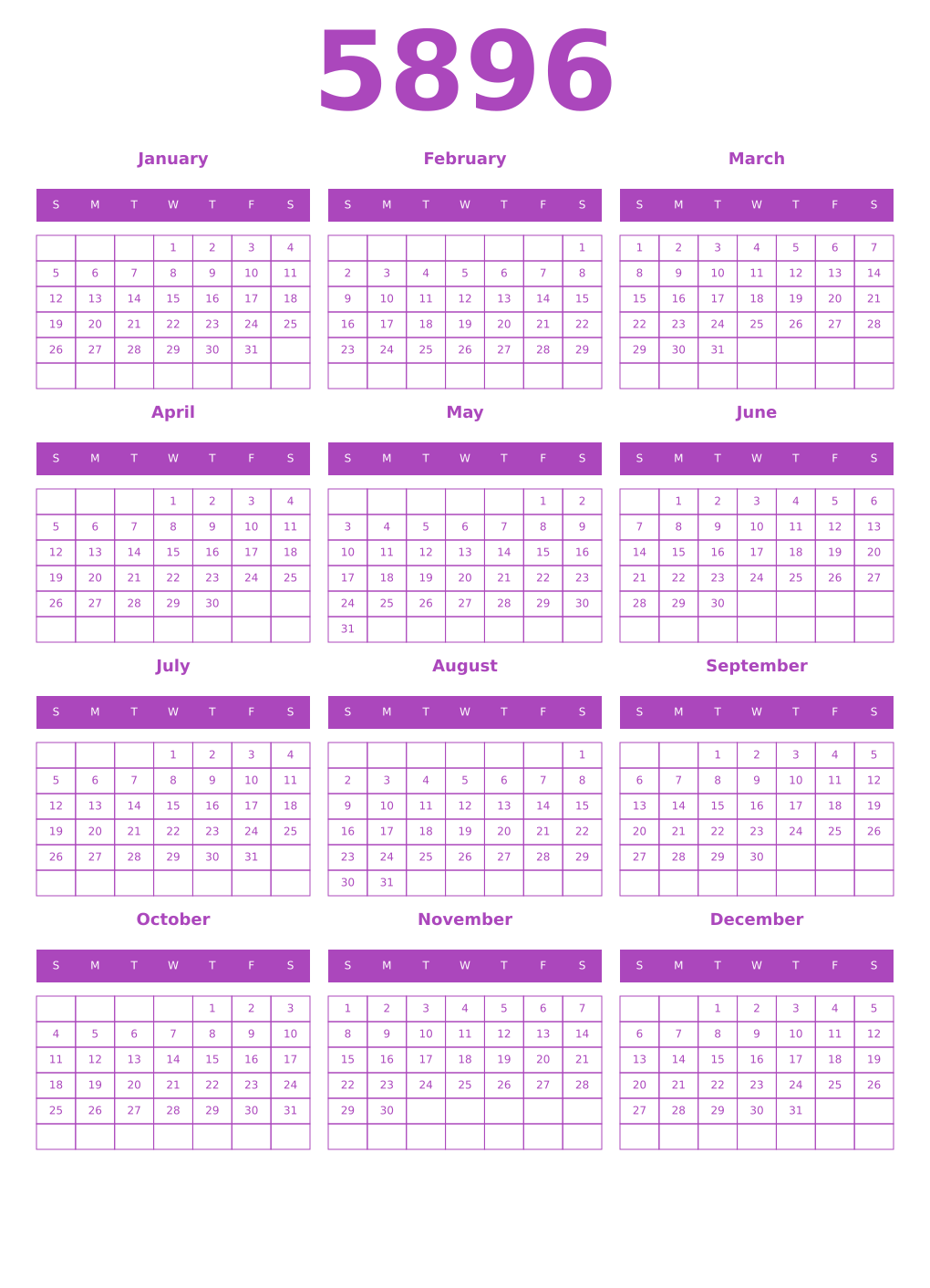 Printable 5896 Year Calendars purple