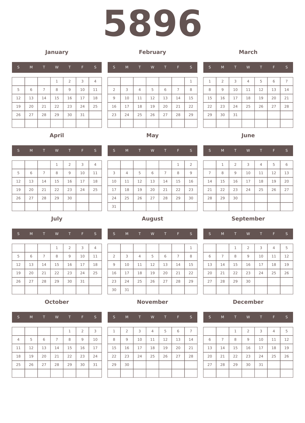 Printable 5896 Year Calendars wenge
