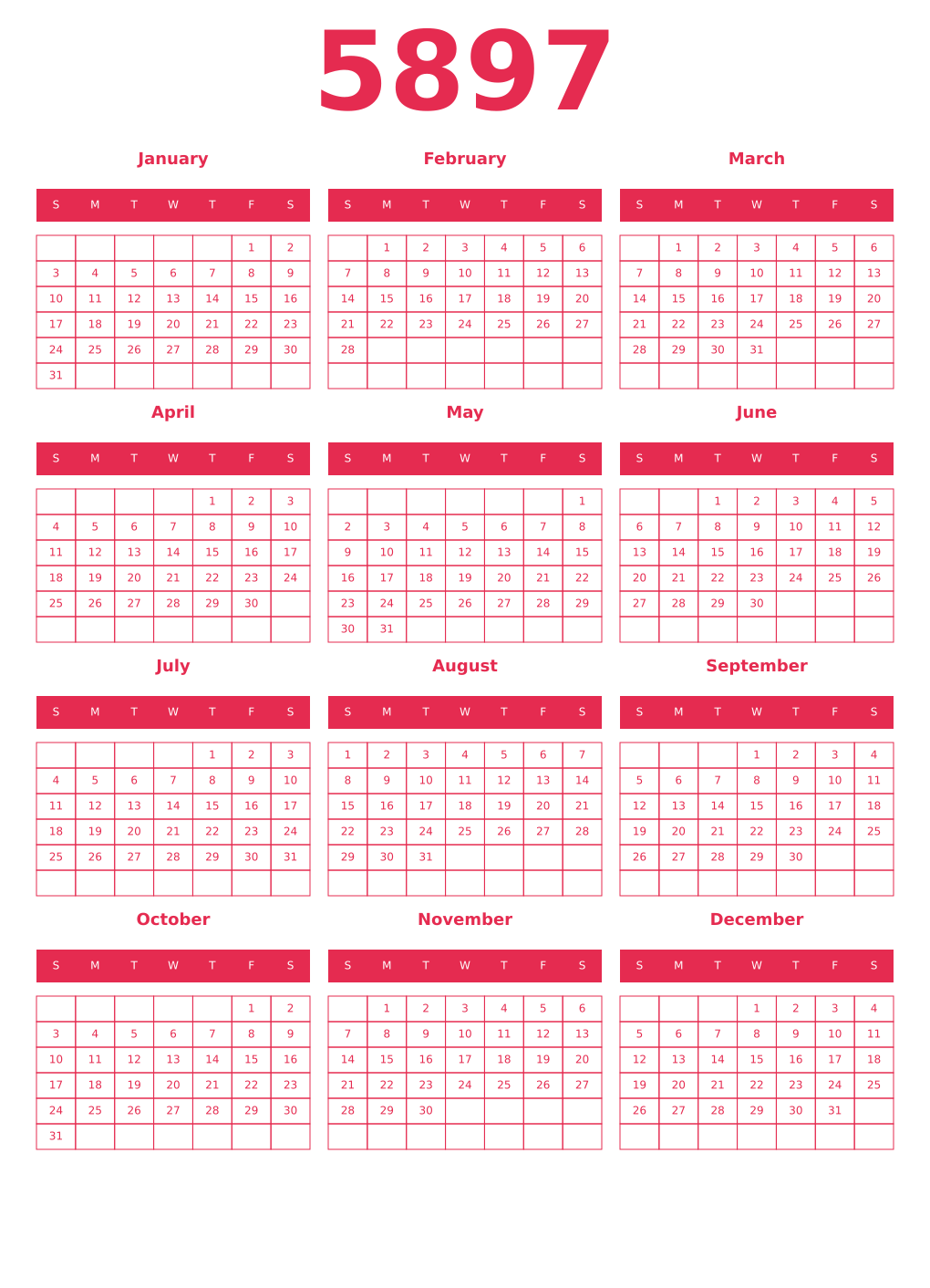 Printable 5897 Year Calendars amaranth