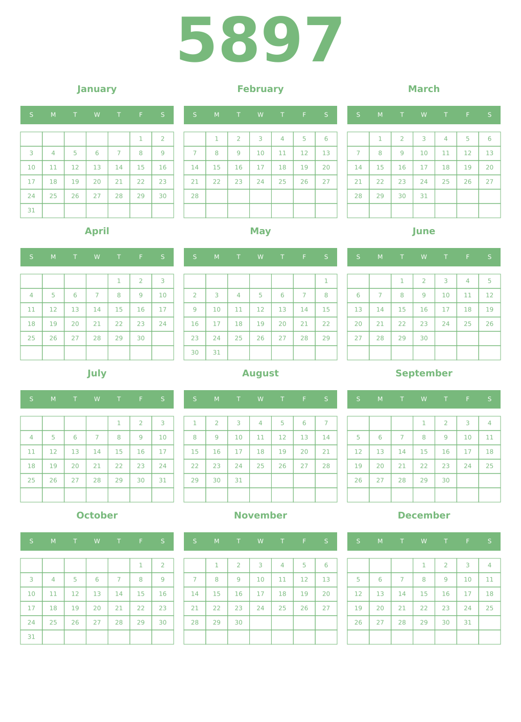 Printable 5897 Year Calendars celadon
