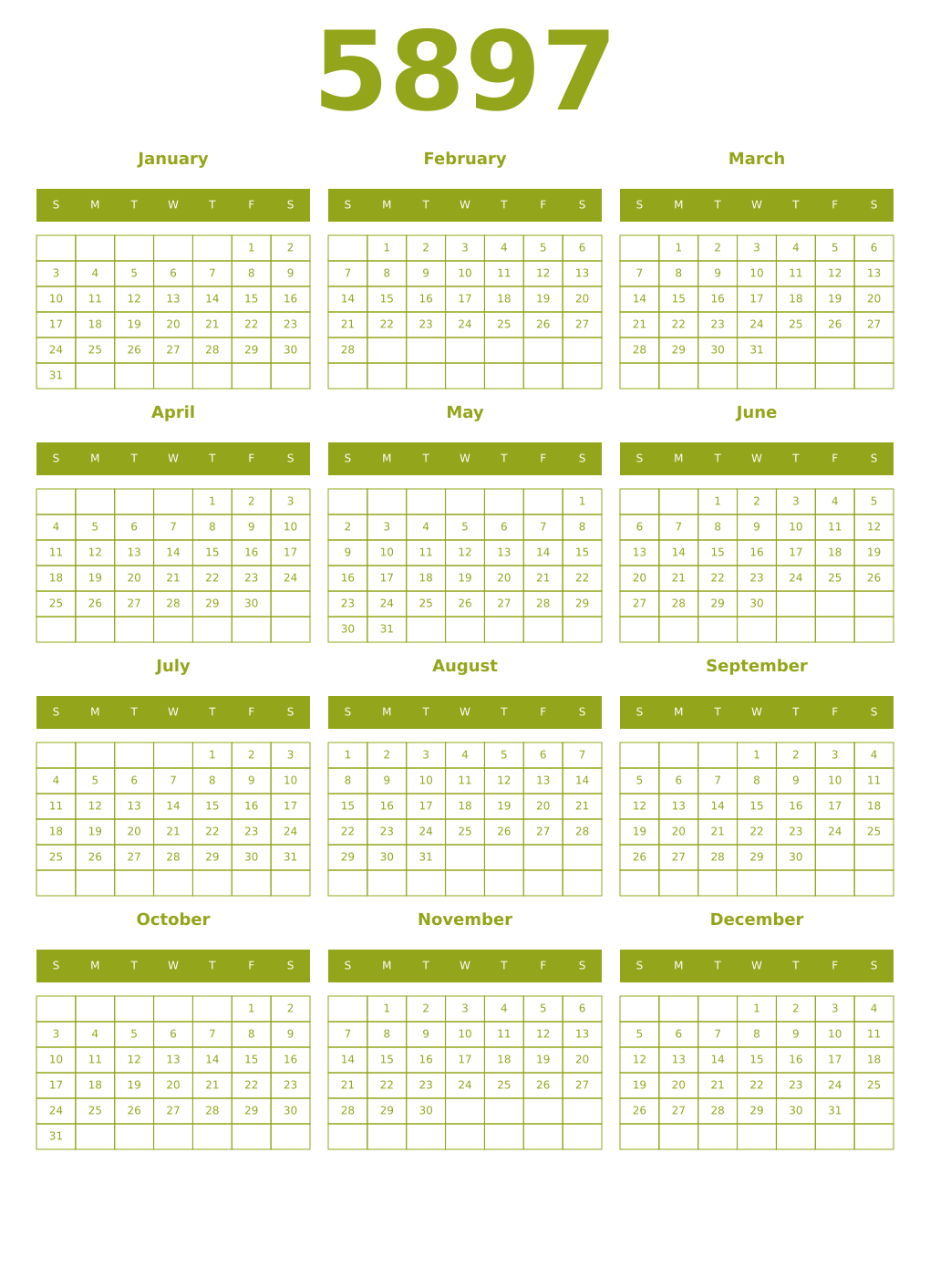 Printable 5897 Year Calendars chartreuse