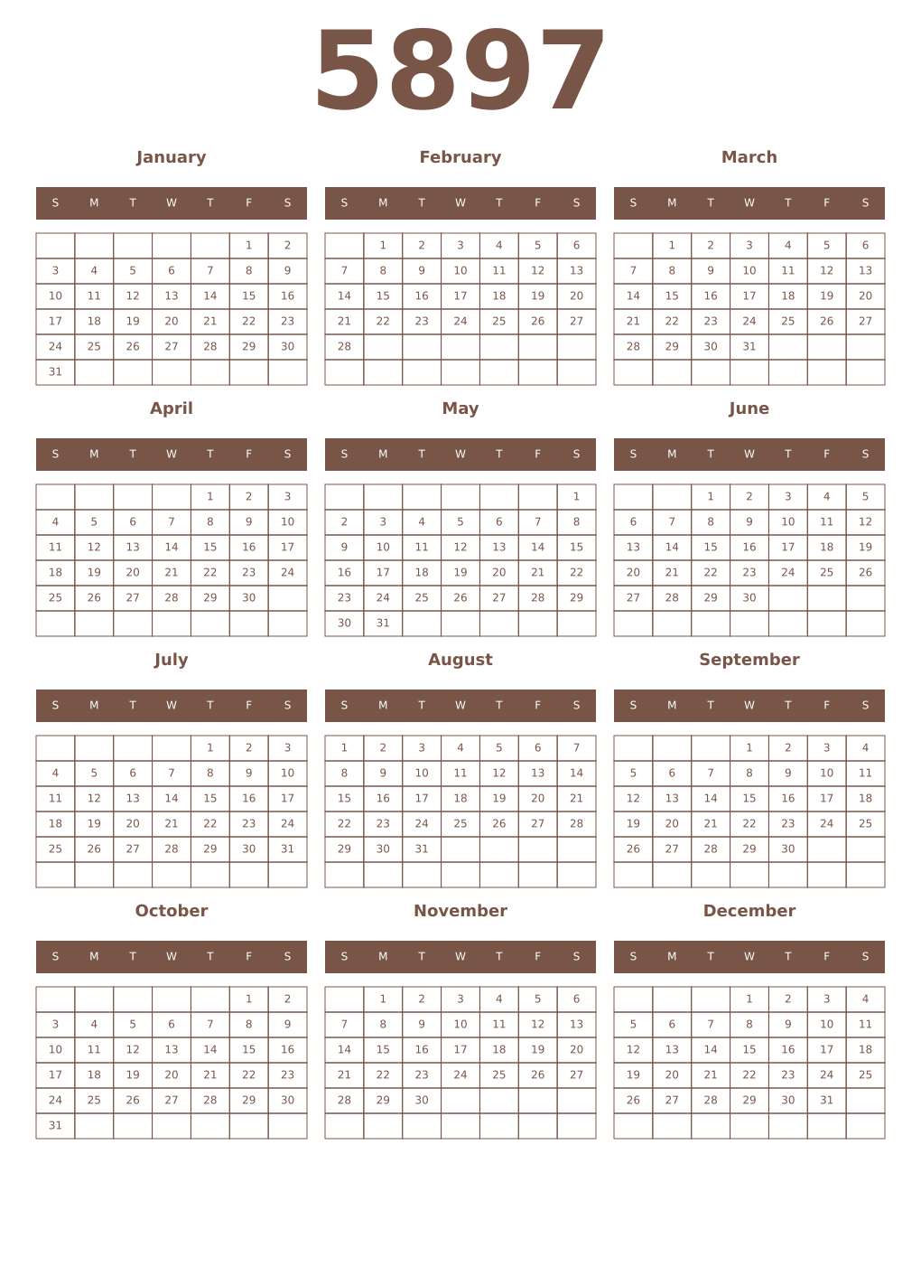 Printable 5897 Year Calendars coffe