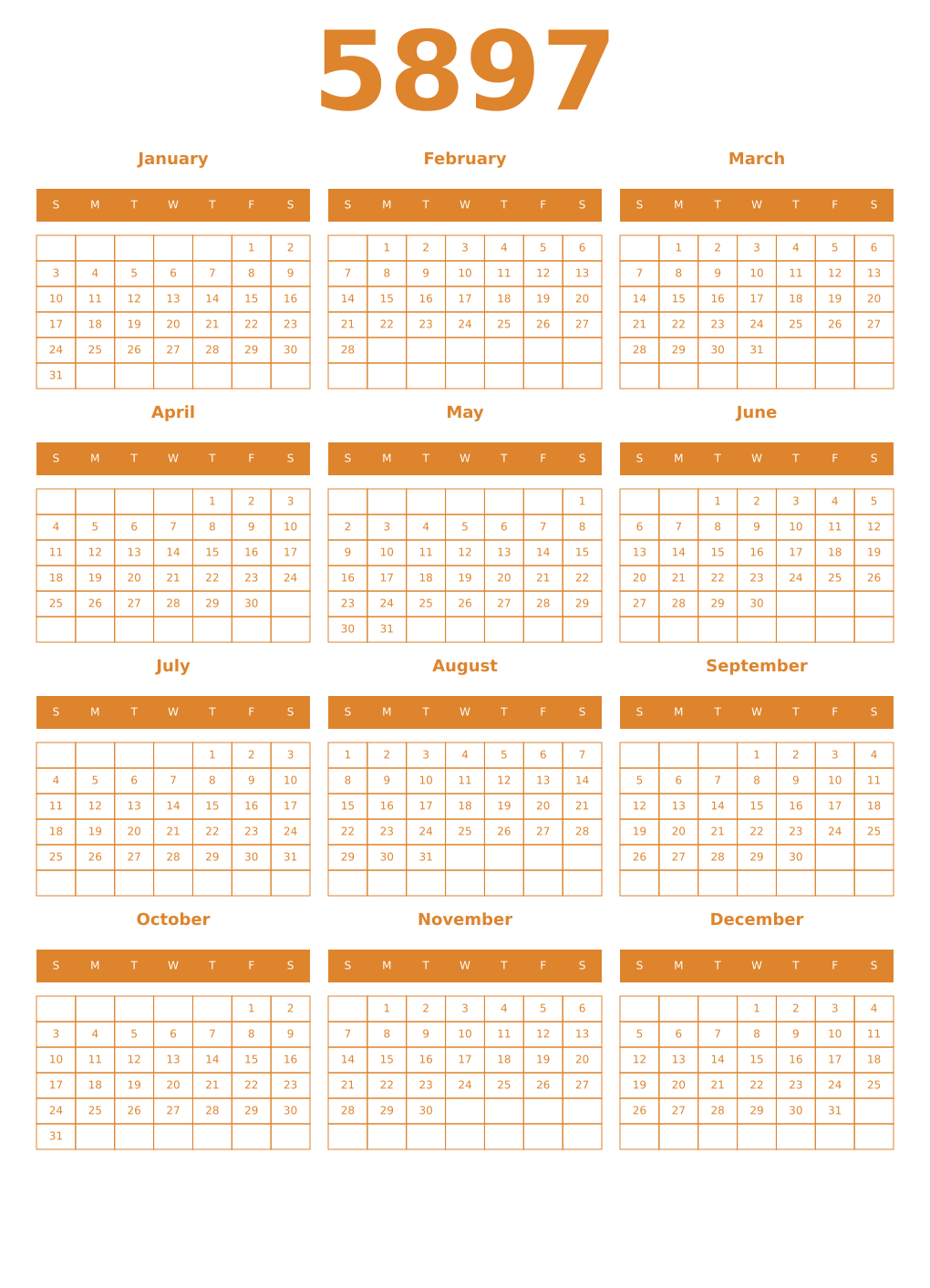 Printable 5897 Year Calendars orange