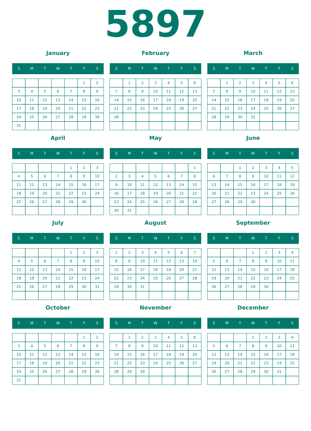 Printable 5897 Year Calendars pastel