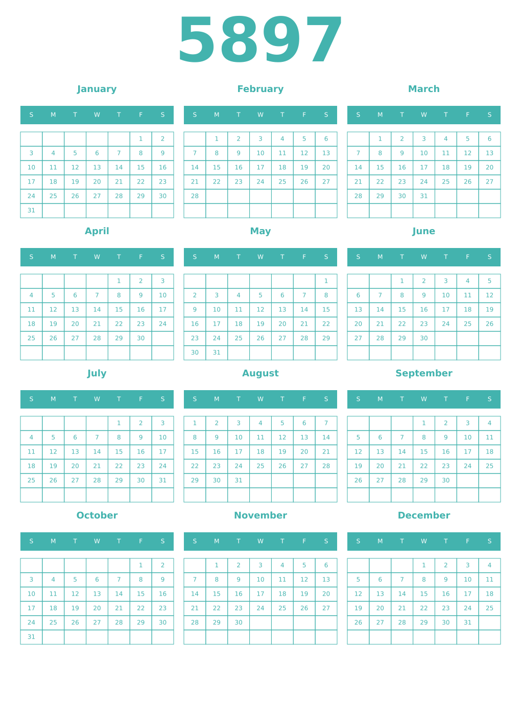 Printable 5897 Year Calendars verdigris