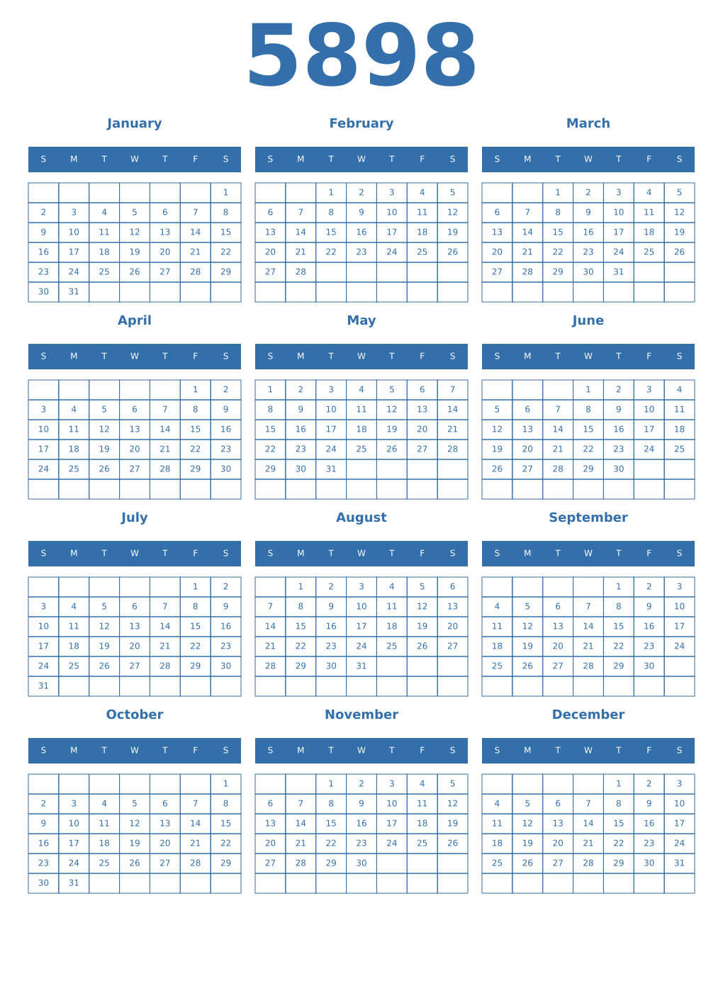 Printable 5898 Year Calendars blue