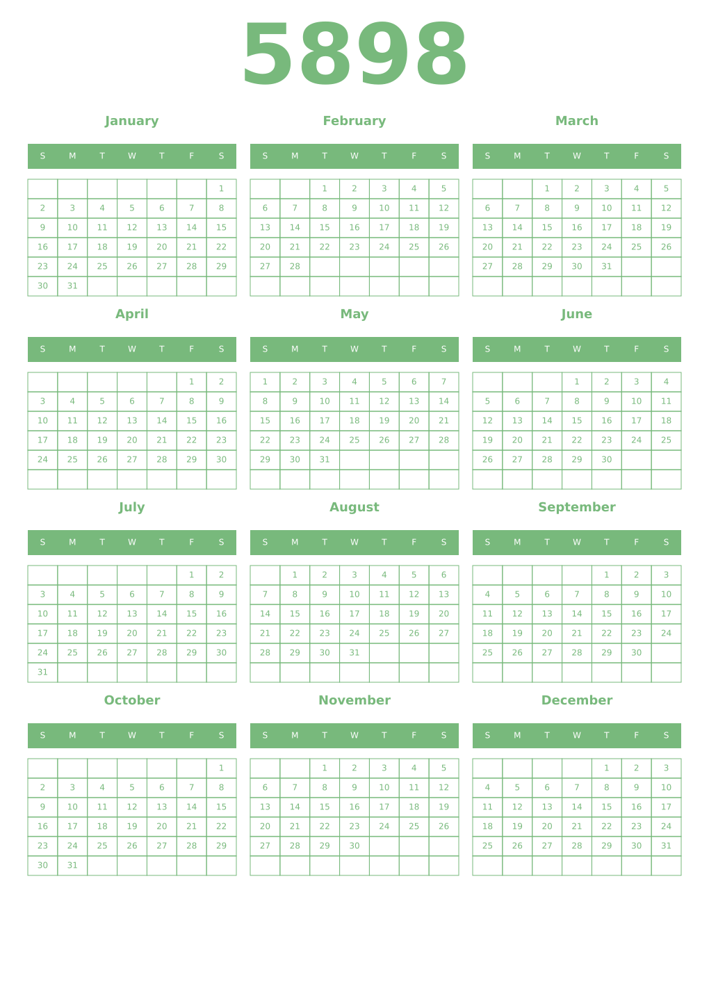 Printable 5898 Year Calendars celadon