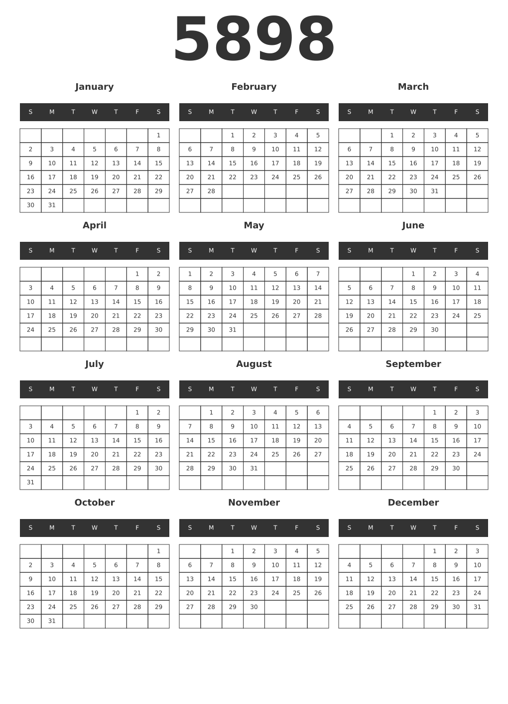 Printable 5898 Year Calendars dark
