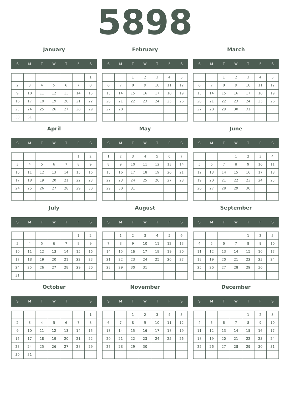Printable 5898 Year Calendars feldgrau