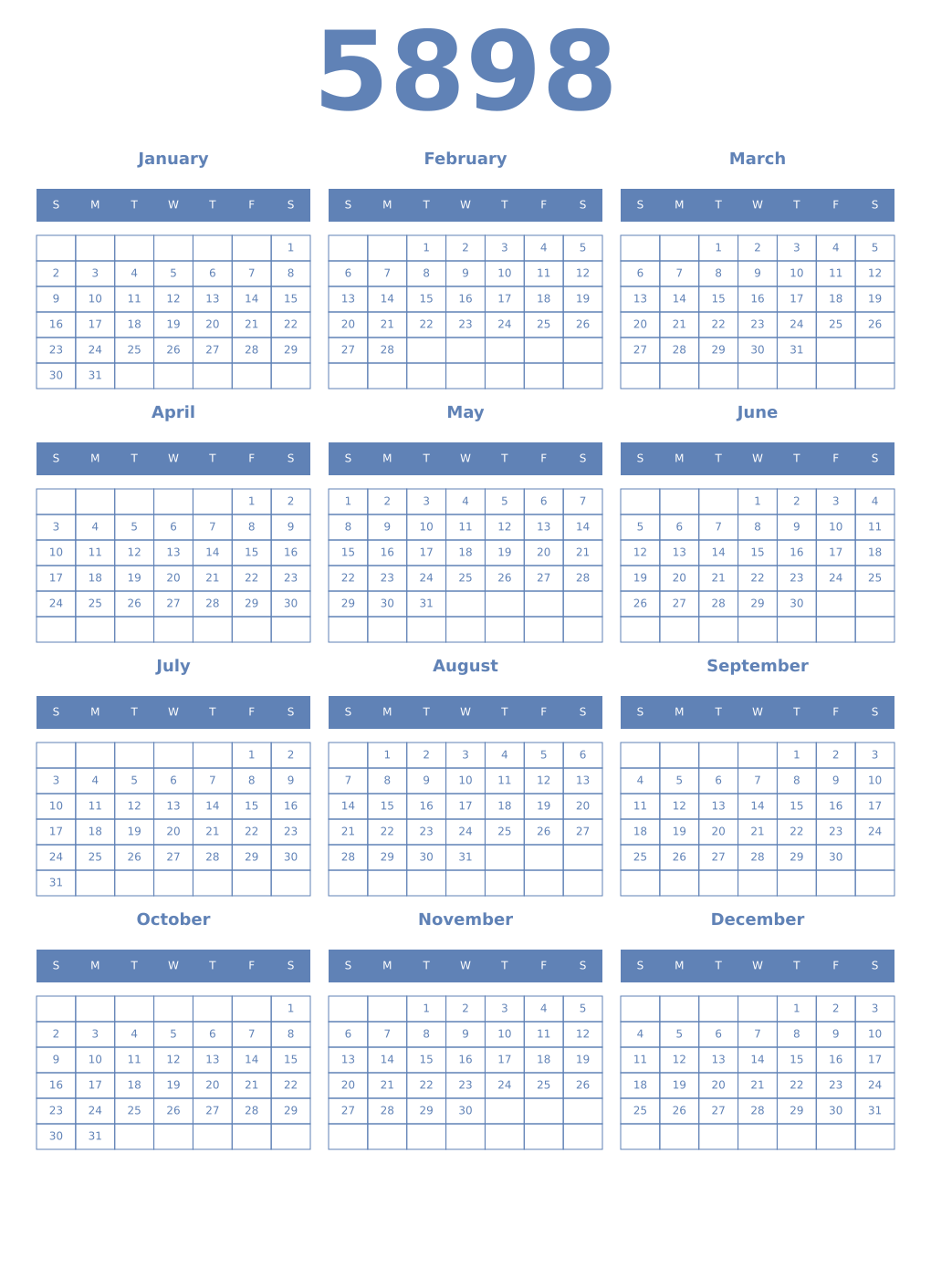 Printable 5898 Year Calendars glaucous