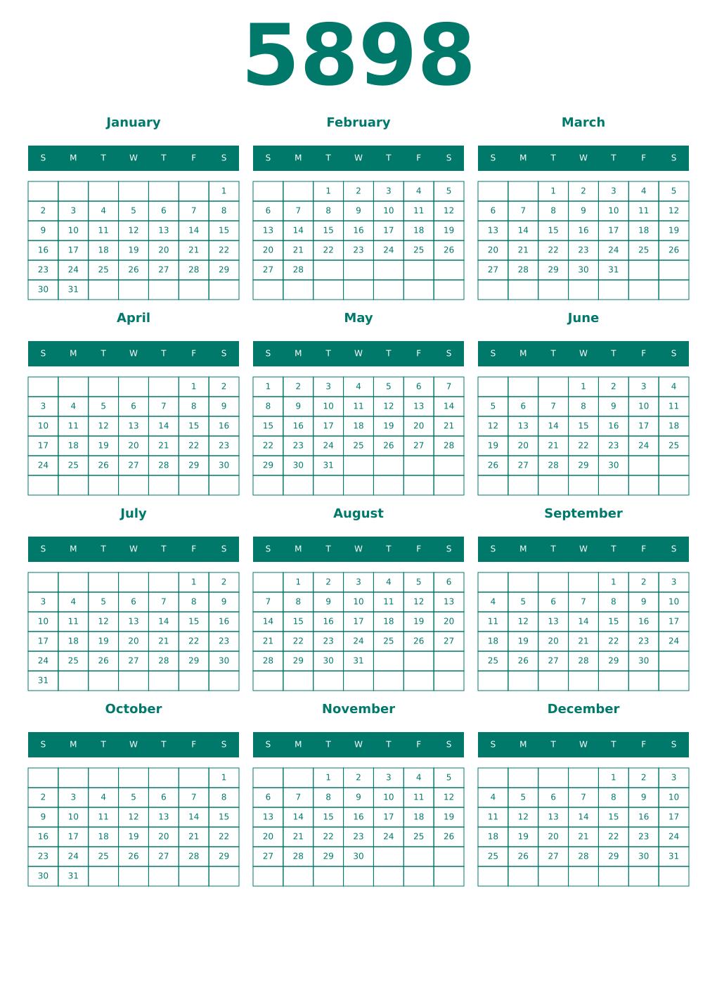 Printable 5898 Year Calendars pastel