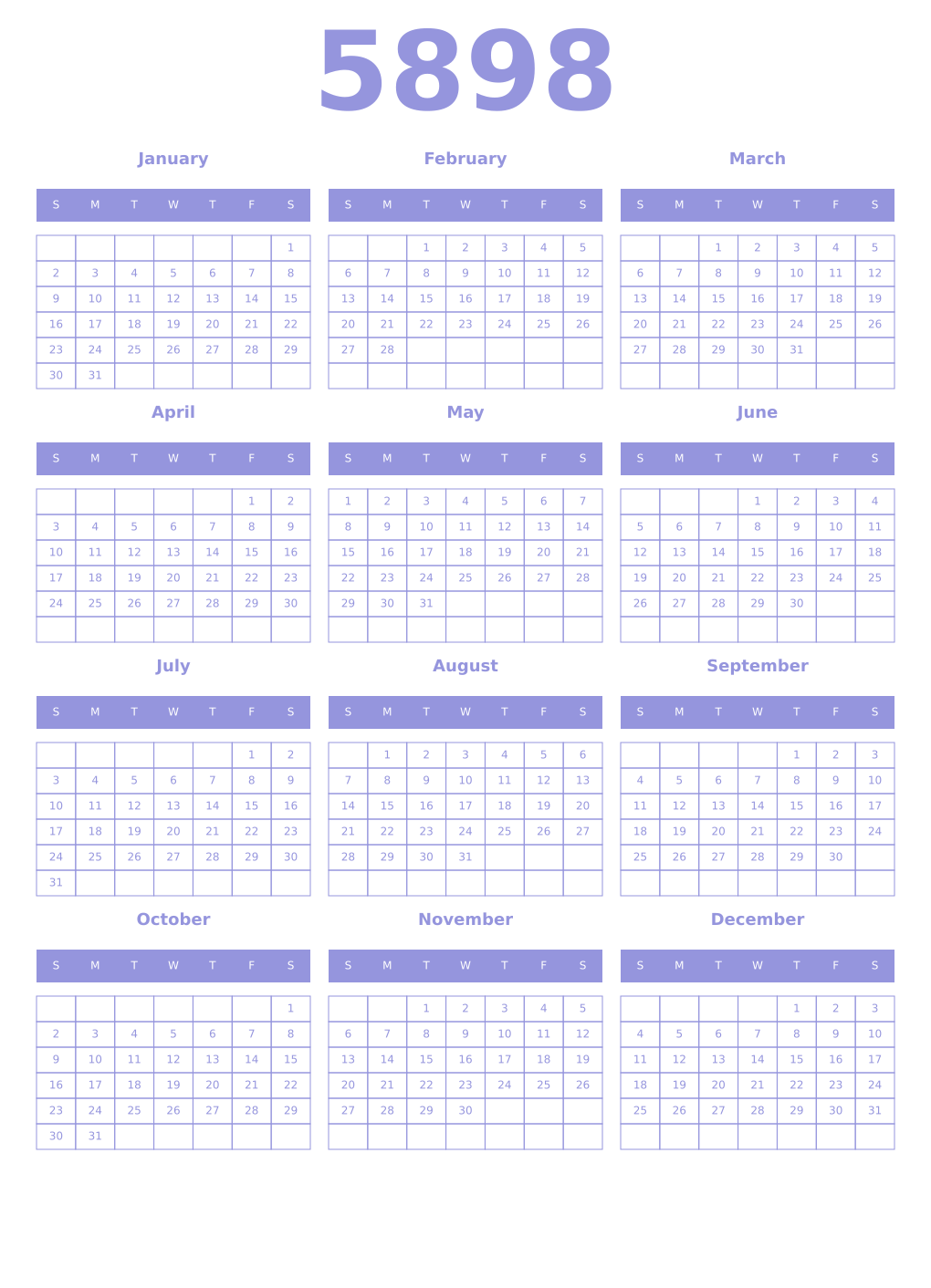 Printable 5898 Year Calendars periwinkle