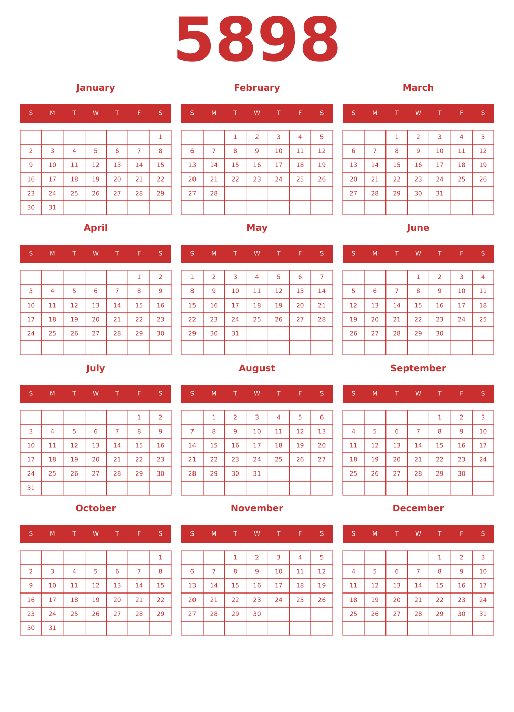 Printable 5898 Year Calendars red