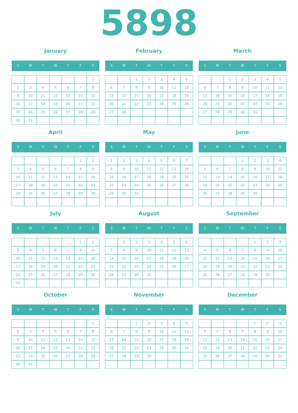 Printable 5898 Year Calendars verdigris