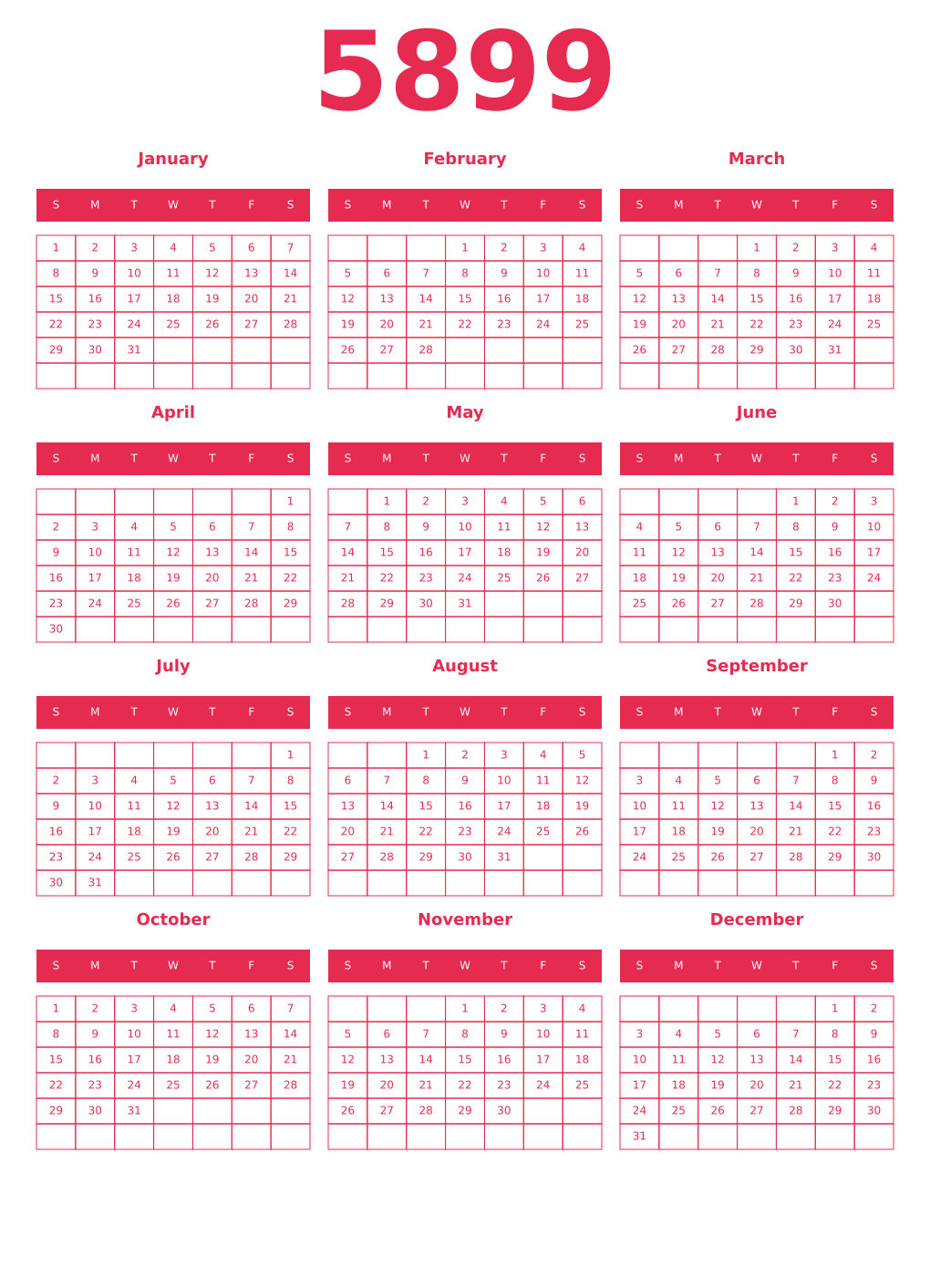Printable 5899 Year Calendars amaranth