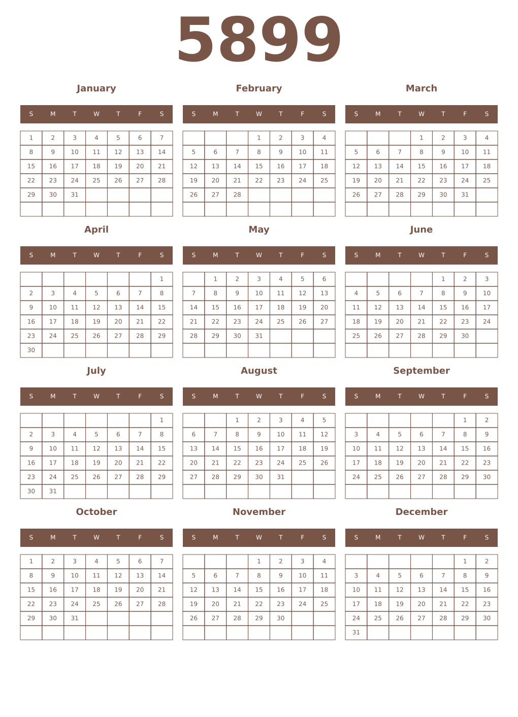 Printable 5899 Year Calendars coffe