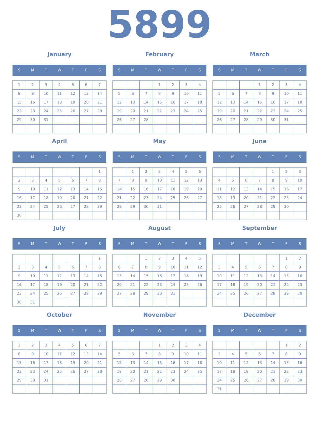 Printable 5899 Year Calendars glaucous