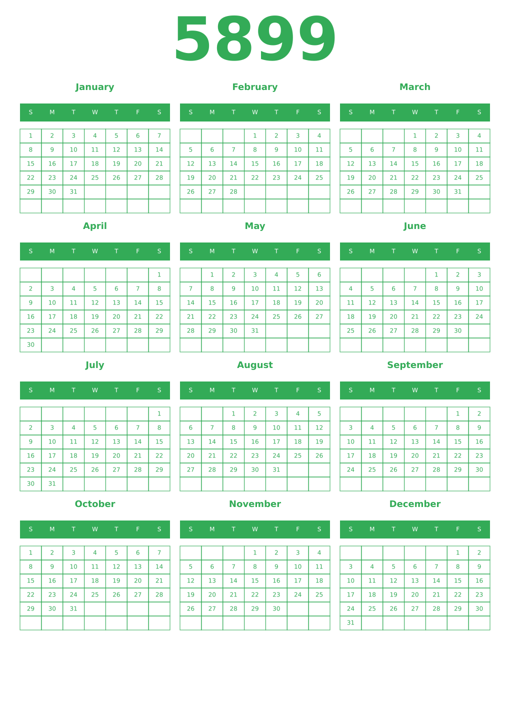 Printable 5899 Year Calendars green