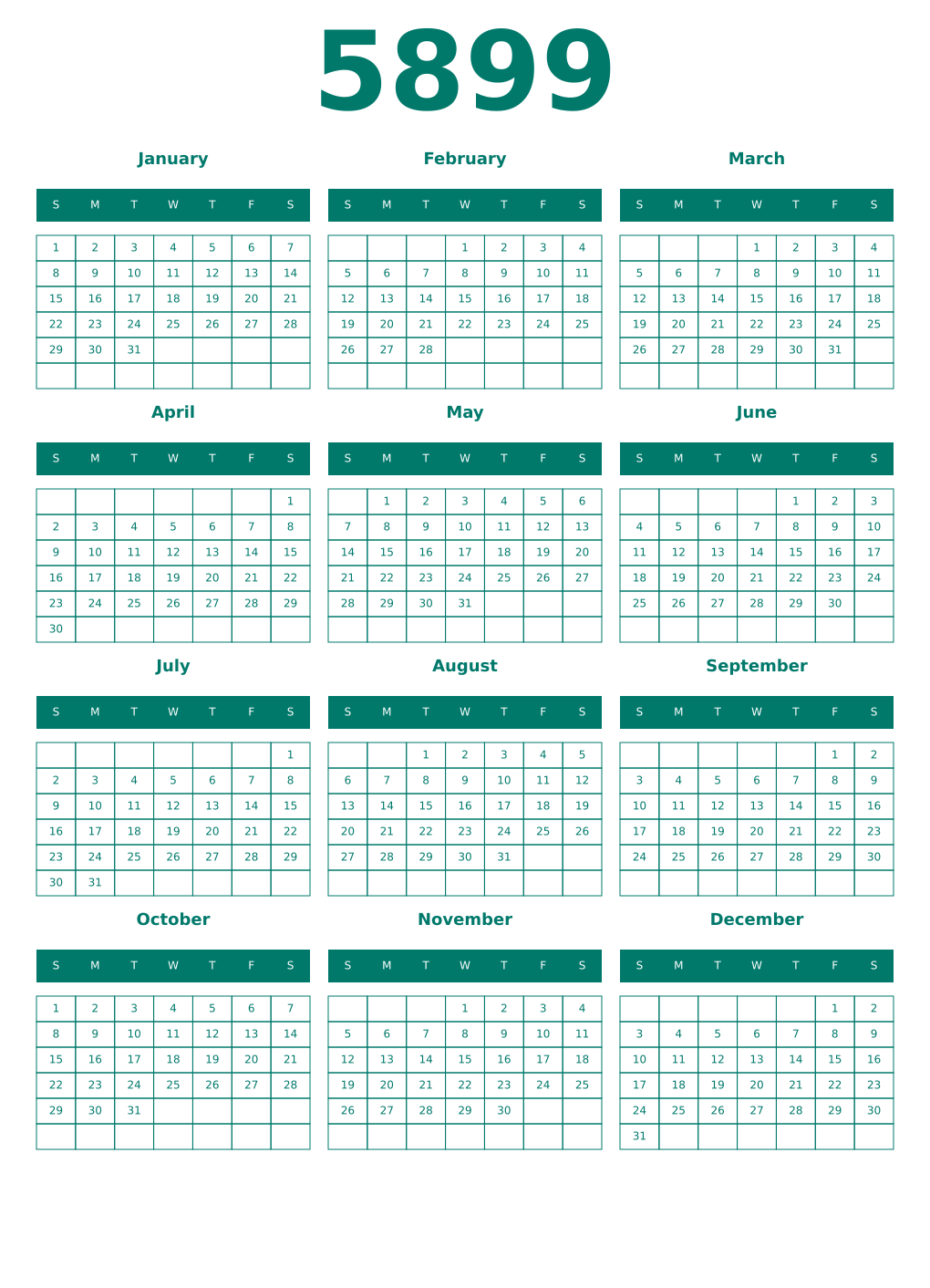 Printable 5899 Year Calendars pastel