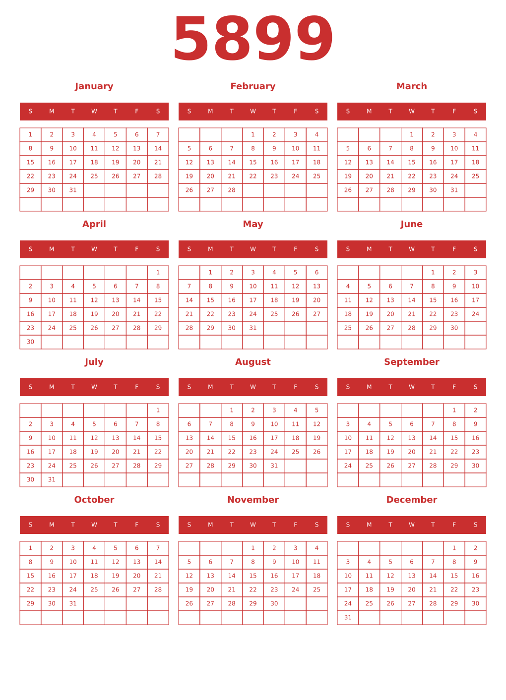 Printable 5899 Year Calendars red